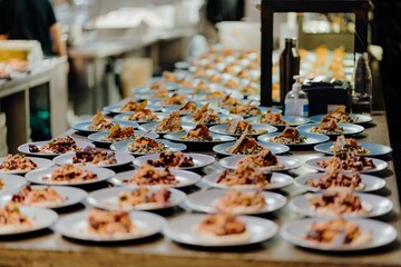 Line of freshly prepared entrees waiting to be served on a buffet table