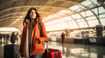 Female traveler walking with travel bag alone at airport, Holiday and travel trip