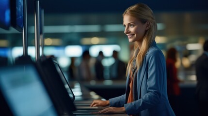 Female traveler and baggage check-in counters at airport