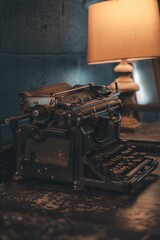 Antique typewriter on vintage desk, Retro lamp lighting the typewriter patina