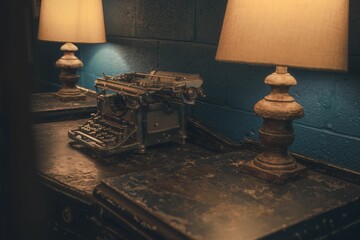 Antique typewriter on vintage desk, Retro lamp lighting the typewriter patina