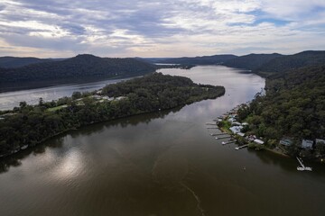 Aerial view of the Hawkesbury River system in the evening in Sydney