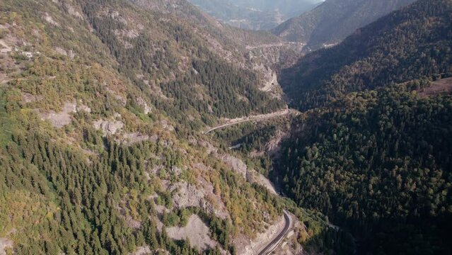Aerial view road in green mountains with stunning gorge landscape. Drone video