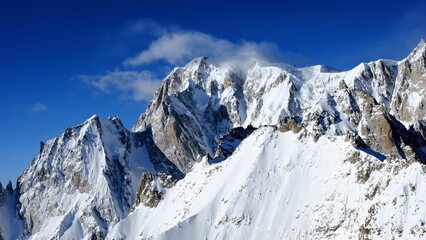 Fototapeta na wymiar Aerial view of the majestic Monte Bianco mountain range, featuring a stunning winter landscape