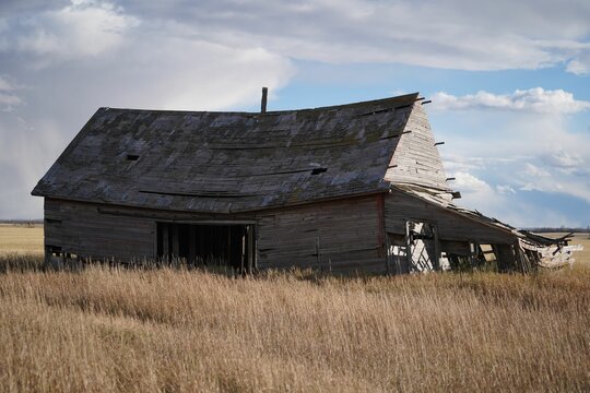 Old barn in a weathered field of dried grass, illuminated by a bright blue sky overhead