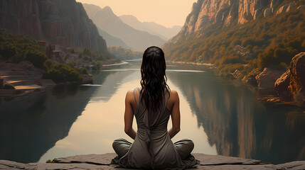 a woman Pose yoga with a river in the background - obrazy, fototapety, plakaty
