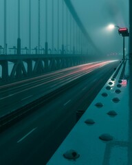 Bridge covered by eerie fog with long exposure light trails spanning