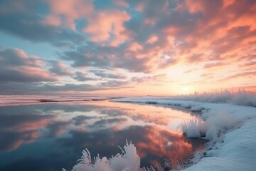 AI generated illustration of a winter scene with a tranquil lake blanketed in snow