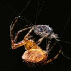 Closeup of a spider perched within its intricate web in a forest