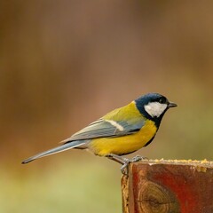 Vibrant great tit perched on top of a a rustic wooden post.