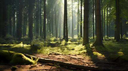 Forest background with sunlight filtering through trees