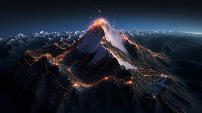 AI generated illustration of a mountain range, blanketed in a layer of glimmering white snow