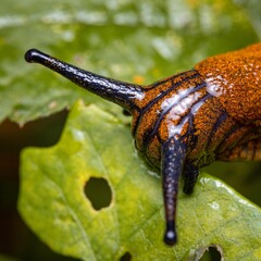 Macro shot of a red slug on a green leaf. Arion rufus.