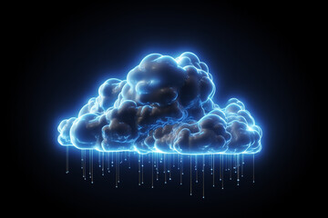 3d rendering concept cloud computing illustration. Light blue neon cloud icon on dark background