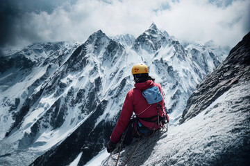 The image captures an individual mountain climber in the midst of an ascent. The climber is wearing a red jacket and a yellow helmet, suggesting they are well-equipped for alpine conditions. The climb