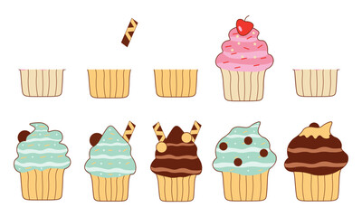 Set of sweet cupcakes illustration. Cupcake and pastry illustration with flat style. Vector illustration.