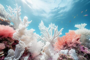 AI generated illustration of life in the sea, featuring bright coral and sponges - obrazy, fototapety, plakaty