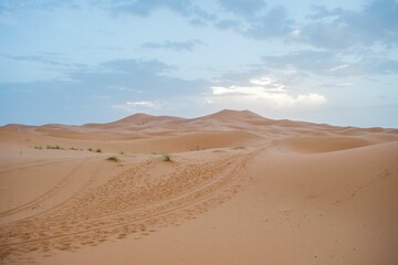 Sand dunes during sunset in Erg Chebbi desert, near Merzouga, Sahara Desert, in Morocco.