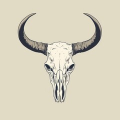 Illustration of a bull skull adorned with horns on a  beige background
