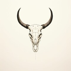 Illustration of a bull skull adorned with horns on a  beige background