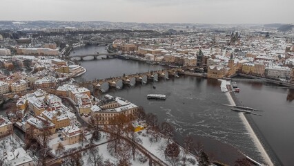 Aerial view of Prague, Czech Republic, during wintertime