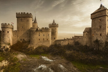 The image depicts a majestic medieval castle situated on a hill. The castle is constructed with stone and features high walls, multiple robust circular towers, and conical rooftops, with some flying f - obrazy, fototapety, plakaty