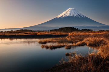 Fototapeta na wymiar The image presents a stunning view of Mount Fuji, an iconic stratovolcano, bathing in the warm glow of sunset or sunrise. The majestic mountain's peak is capped with white snow, and its symmetrical sl