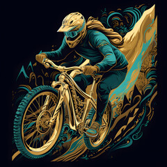 downhill Mountainbiker in art deco style with petrol background and golden ornaments