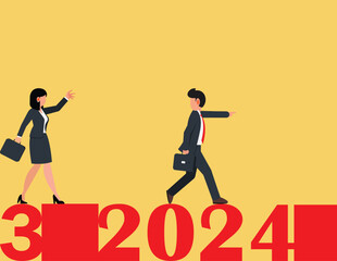 Obraz premium New challenges and opportunities in 2024. Walking into the 2024, 2024 business start up of business man and woman