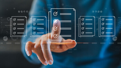 Human performance check mark on checklist, survey, form, check mark, yes, questionnaire, filling digital, list, assessment, exam, vote, answer, to do list, evaluation, business and education concept