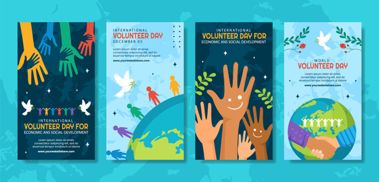 Volunteer Day for Economic and Social Development Social Media Stories Flat Cartoon Hand Drawn Templates Background Illustration