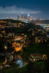 a view of the city of los skyline from the top of hill at night
