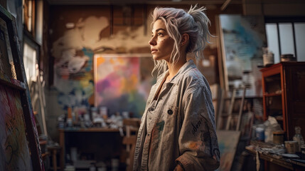 Obraz premium This image features a thoughtful young woman with a messy bun, gazing off to the side in a sunlit art studio. Her hair is white with hints of purple, and her face shows a natural look with minimal mak