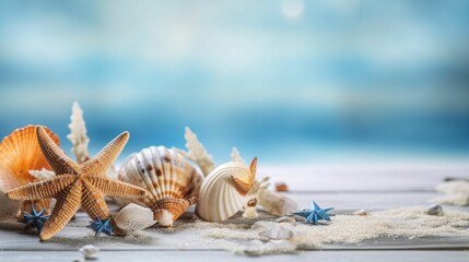 Collection of seashells on a wooden board