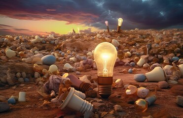 AI generated illustration of a beach covered in trash with a light bulb. the concept of pollution - obrazy, fototapety, plakaty