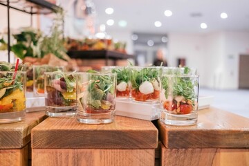 A shot of small lettuce and tomato mozzarella snacks that are delicious and healthy food.