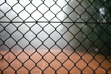 Fototapeta premium Horizontal shot on an empty tennis court in the forest in fog through a fence.