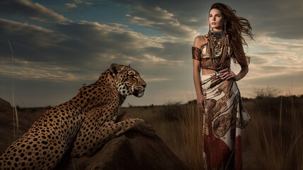 The image features a scene with a cheetah reclining on a rocky outcrop and a woman standing next to it. The setting appears to be a grassy savannah with a cloudy sky at twilight. The cheetah is facing