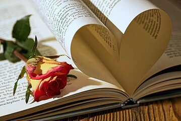 Image of a book with a rose resting inside it, accompanied by a heart-shaped paper cutout