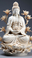 Fototapeta premium Serene Contemplation: Ivory Buddha Statue Adorned with Lotus Flowers