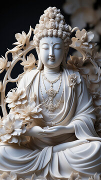 Serene Contemplation: Ivory Buddha Statue Adorned with Lotus Flowers