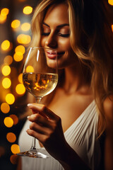 Beautiful Young Woman Enjoying a Glass of White Wine