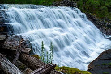 Majestic waterfall Norwegian fjords cascades over a rocky cliff, surrounded by lush moss