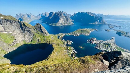 Aerial view of majestic mountains and crystal clear water on a sunny day in Norway