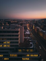 Aerial view of the city skyline at dusk in Gdynia, Poland