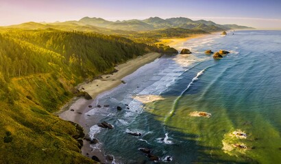 The view over the Crescent Beach on the Oregon coast, Bird Rocks, Cannon Beach, and Haystack Rock - obrazy, fototapety, plakaty