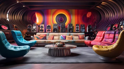 Fototapeten record lounge with retro furnishings and psychedelic decor © Asep