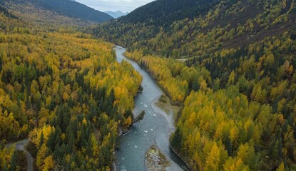 Aerial view of 6 Mile Creek in Hope, Alaska, with the colorful autumn foliage
