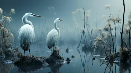 Foto op Plexiglas AI generated illustration of two white herons standing in the tranquil lake surrounded by reeds © Wirestock