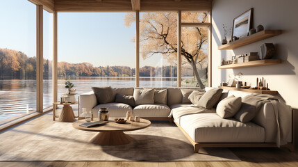 A tranquil living room with panoramic windows and soft natural light.